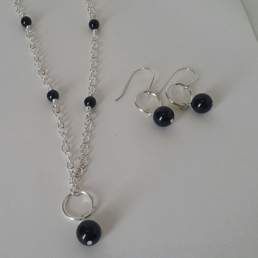 Black Onyx and Silver Necklace and Earring Set